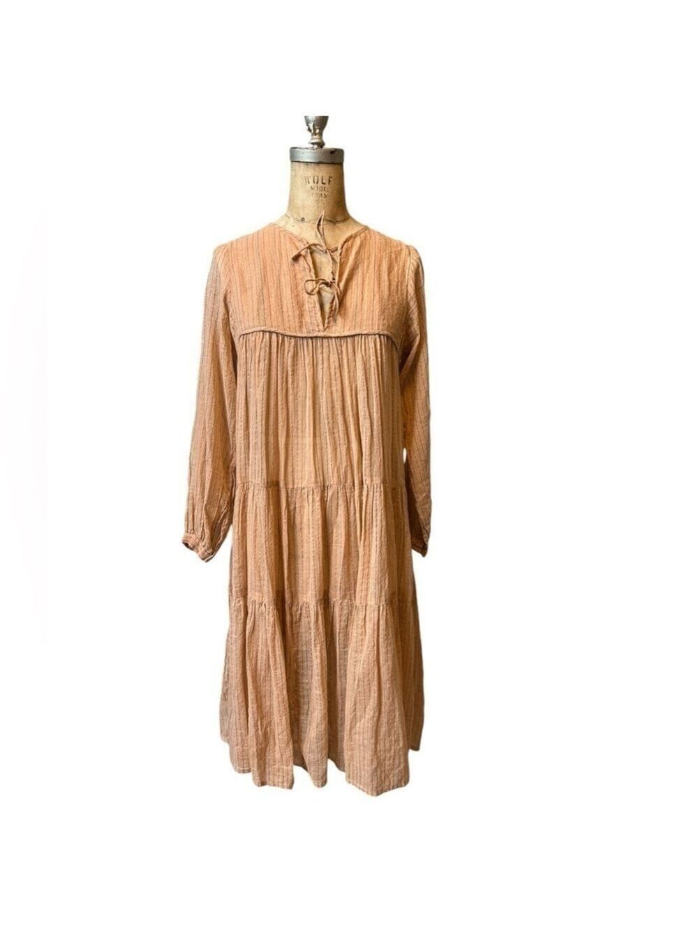 Matta 100% cotton blush peach metallic stripe Midi dress lightweight size small